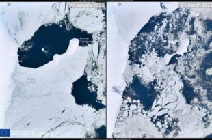 Satélite europeu mostra colapso de plataforma de gelo na Antártida