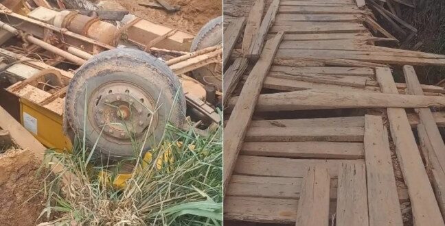  Caçamba tomba e fica de cabeça para baixo ao cair de ponte em Senador Guiomard