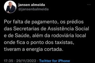 Vereador denuncia que duas secretarias municipais de Boca do Acre tiveram energia cortada