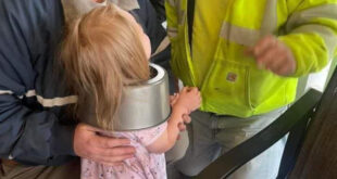 Menina de 2 anos fica com a cabeça presa em forma de bolo