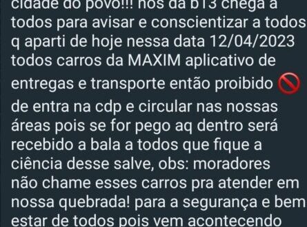 Facção criminosa proíbe moradores de usar serviço de transporte por aplicativo na Cidade do Povo