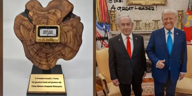 Comemorando a violência: Netanyahu presenteia Trump com pager dourado em referência a ataque ao Hezbollah