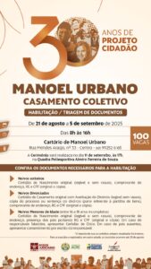 Estão abertas as inscrições para casamento coletivo em Manoel Urbano