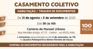 Estão abertas as inscrições para casamento coletivo em Manoel Urbano