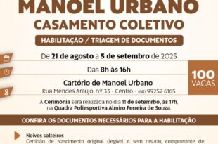 Estão abertas as inscrições para casamento coletivo em Manoel Urbano