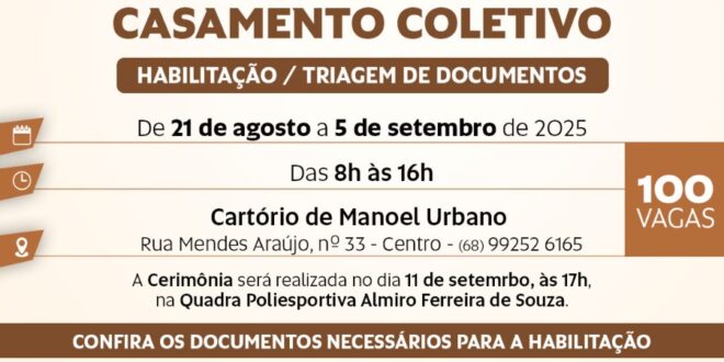 Estão abertas as inscrições para casamento coletivo em Manoel Urbano