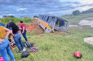 Ônibus escolar perde a direção e cai em sangradouro de açude na AC-40