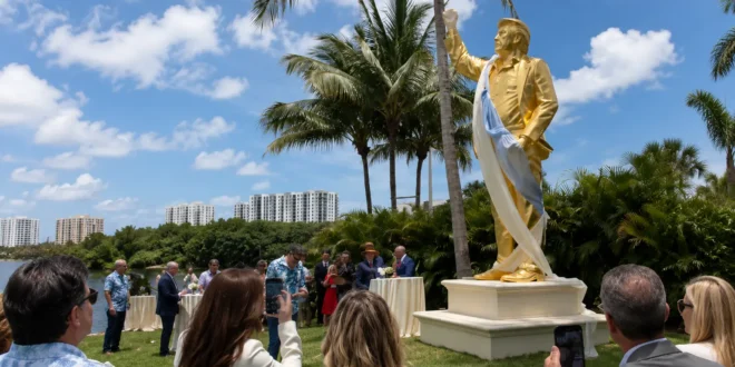 Escolhido por Deus- pastores da extrema direita rezam diante de estátua gigante de ouro de Trump