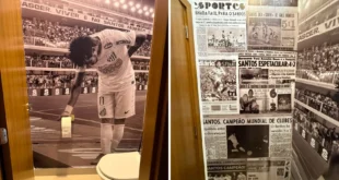 Homenagem bizarra: casal cria lavabo com jogador Neymar servindo papel higiênico