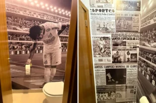 Homenagem bizarra: casal cria lavabo com jogador Neymar servindo papel higiênico
