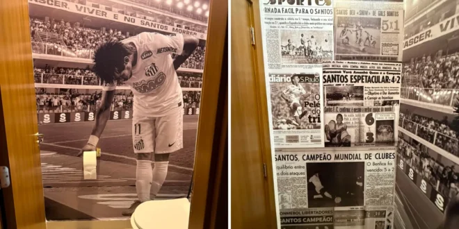 Homenagem bizarra: casal cria lavabo com jogador Neymar servindo papel higiênico
