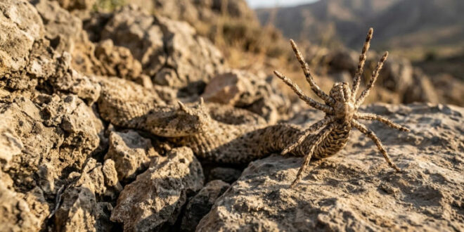 Astúcia animal: cobra fica praticamente invisível e deixa apenas uma falsa aranha se mexendo para atrair presas