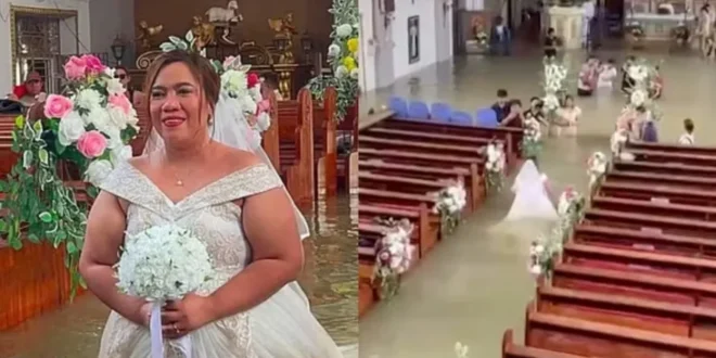 Muita vontade de casar: noiva enfrenta enchente e se casa em igreja alagada nas Filipinas