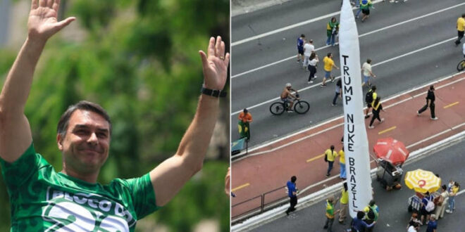 Patriotas de Flávio Bolsonaro: manifestação tem bandeiras estrangeiras e pedido para Trump bombardear o Brasil