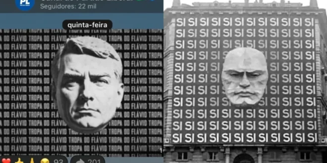 Para quem tinha dúvida...: PL publica no WhatsApp imagem de Flávio Bolsonaro semelhante a propaganda do fascista Mussolini
