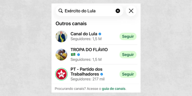 Pilantragem: WhatsApp sugere canal de Flávio Bolsonaro em buscas por “Exército do Lula”